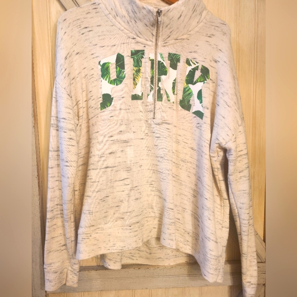 Victorias Secret Pink Tropical Palm Pullover Half Zip Crew Sweatshirt NWOT L
